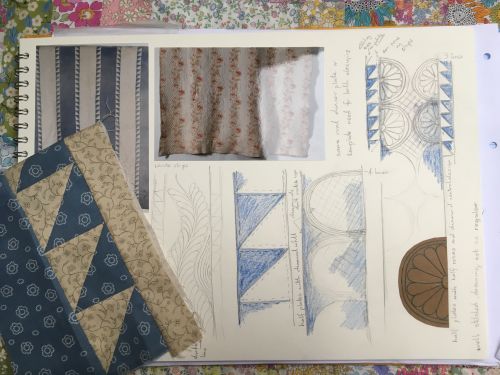 Sketchbook on Blue and White Sawtooth Strippy Quilt