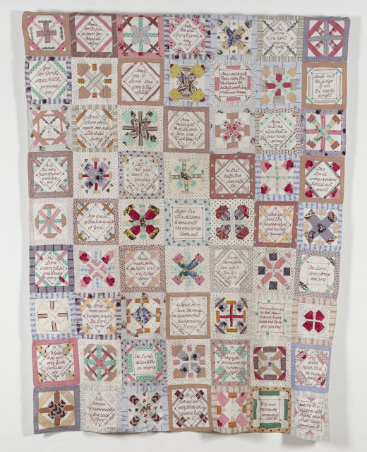 Block and Bible verse patchwork coverlet